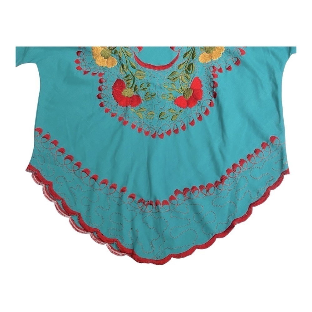 VTG Turquoise Embroidered Floral Mexican Blouse Boho Peasant Top M - Picture 8 of 15